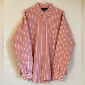 Ralph Lauren Men's Coral and White Striped Long Sleeve Button Down Dress  Shirt